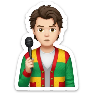 harry styles with a mic, he is wearing a patchwork colorful (red, yellow,green) cardigan and a white t-shirt under sticker