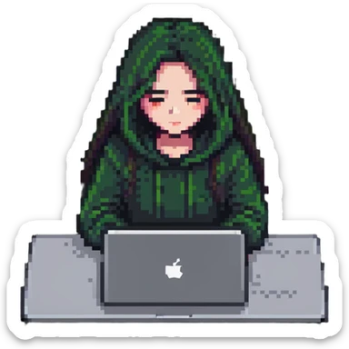 girl hiding her face while working behind a MacBook, pixel art style sticker