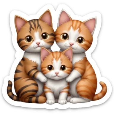 3 very small kittens cuddling together all different colours, the first one is grey and white, the second is ginger and white and the third is brown tabby and white sticker