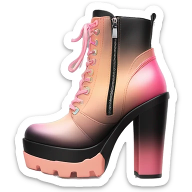 Hyper Realistic isolated top front view of a pair  of peach,pink and black ombre chunky heel zippered ankle bootie boots. sticker