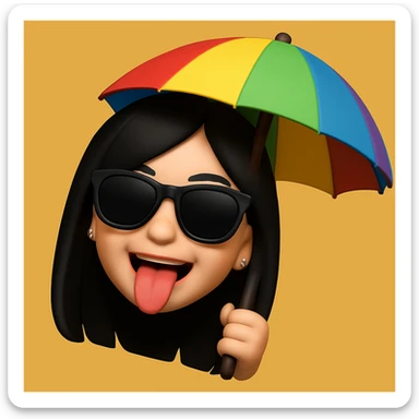 Create a fun 3D cartoon style memoji of the same girl wearing dark sunglasses and holding an umbrella, maintaining the playful and vibrant 3D memoji style. sticker