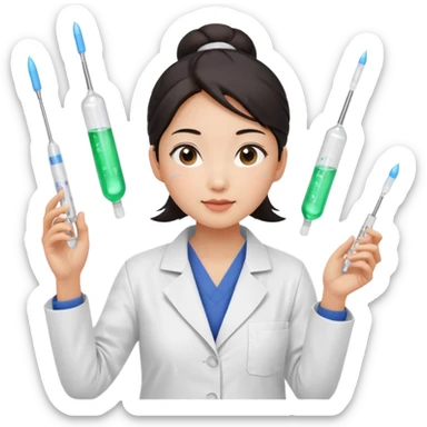 emoji of an asian woman with a single bun in a white lab coat sitting cross legged with micropipettes levitating above each hand. the tips should be pointing away from her and she should not be wearing a stethoscope sticker