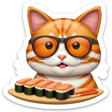 happy cat wearing sunglasses and eating sushi sticker