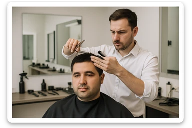 sartaroshxonada mijozlarni sochini olayotganin  tasvirlab ber juda yosh ham katta ham bo'lmasin semiz ham bo'lib ketmasin o'smirin davrini yuzi ko'rinmasin sticker