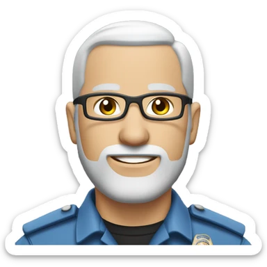 Bald Caucasian man with light gray beard in police uniform with a glasses and earing in the left ear  sticker