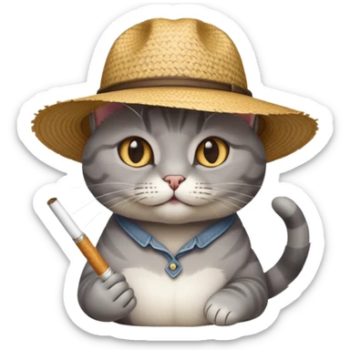 Gray cat wearing farmer hat and holding cigarette sticker