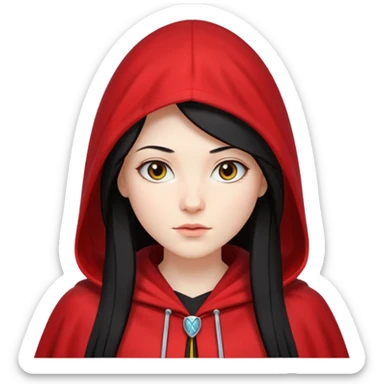 white girl with long straight black hair, white streak in hair, red hooded cloak sticker