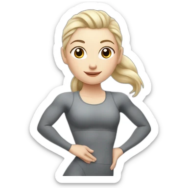 Pale skinned fit woman In a gray tight yoga suit With ash blonde hair in a ponytail doing yoga sticker