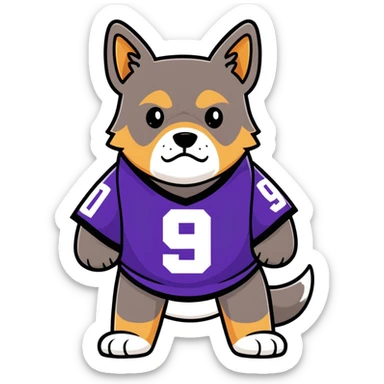 Tough Dog in the street with a purple jersey wearing 9 sticker
