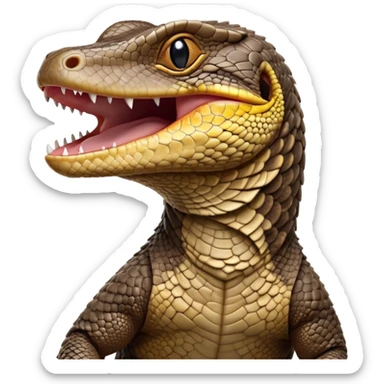 Cinematic Cute Yawning brown camo spotted monitor Lizard Portrait Emoji, Head tilted slightly with a dramatic, wide-open yawn, showcasing textured, patterned scales and sleepy, half-closed eyes exuding relaxed charm, Simplified yet irresistibly adorable features, highly detailed, glowing with a soft, cozy glow, high shine, relaxed yet expressive, stylized with a dash of whimsical wildness, soft glowing outline, capturing the essence of a drowsy yet affectionate reptile that appears ready to stretch out for a nap! sticker