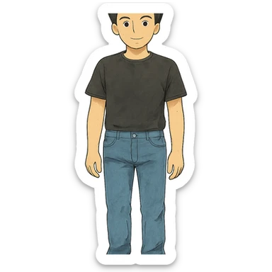 man wearing jeans and a black t-shirt, black hair, transparent background, ghibli style sticker