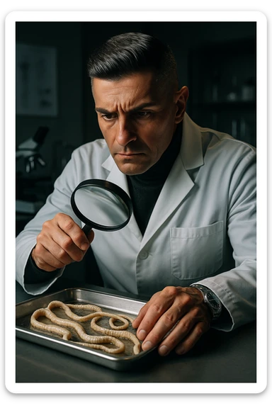 A middle-aged male kinesiologist wearing a pristine white lab coat, intensely analyzing long, beige tapeworms (like Taenia) under a magnifying glass. His expression is focused and slightly concerned, with dramatic studio lighting casting sharp shadows. The parasites are highly detailed, moist, and textured, stretched across a sterile metal tray. The background is blurred but suggests a clinical environment—hints of a microscope, medical charts, and clean lab equipment. The style is hyper-realistic, with a cinematic contrast between the bright white coat and the grotesque, organic forms of the parasites. No sci-fi elements, just raw medical realism with a disturbing edge sticker