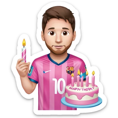 Lionel Messi wearing his jersey holding a pink pretty birthday cake sticker