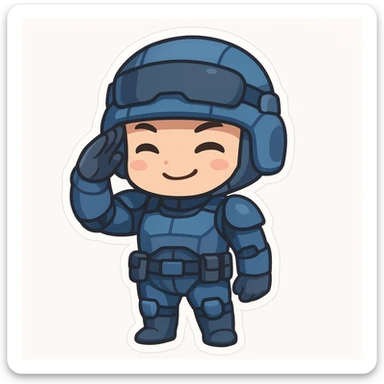 chibi sticker of a sci-fi soldier in a mostly blue uniform, saluting with a confident smile, cute chibi style, white background sticker