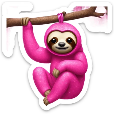 Hot pink sloth with glitter hanging on a tree  sticker