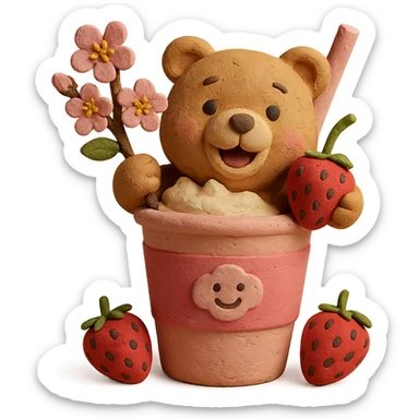 Pastel 3D claymation style milkshake cup with a straw, smiling bear peeking out, two strawberries, soft shadows, minimal look, no background sticker