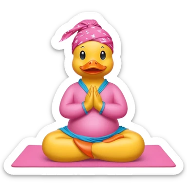 side view of yellow rubber duck with a pink bandana doing yoga while praying sticker