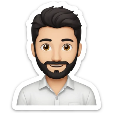 young fair skin pakistani guy smiling with black beard, wavy hair pushed back and brown eyes and thick eyebrows sticker