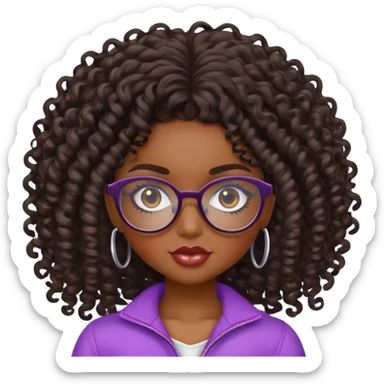 pretty bratz baddie, dark skin, curly hair with glasses sticker