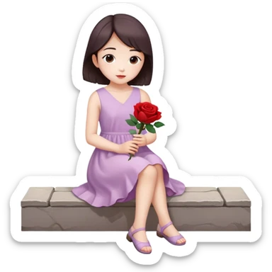 Soft light purple dress korean style girl holding a red rose in hands and sitting on the foot paths sticker