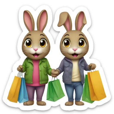 Two bunnies with shopping bags  sticker