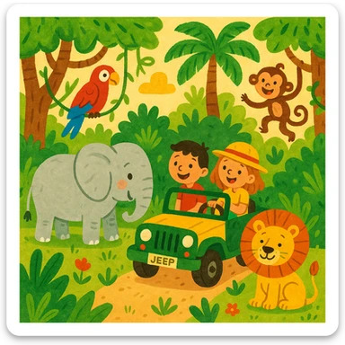 hand drawn digital illustration of jungle safari in the style of children's illustration sticker