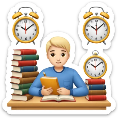 emoji student studying hard with books and clock, motivated, white background sticker
