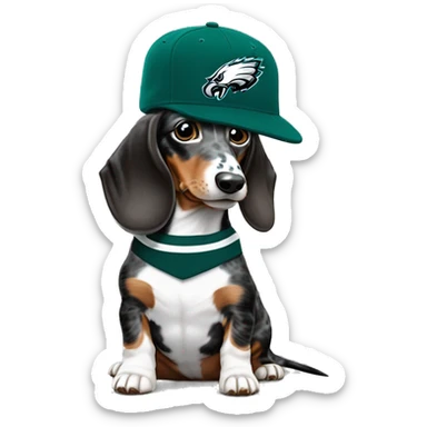 Miniature Blue Merle Medium Light Tri Brown Spotted Dachshund wearing Philadelphia Eagles Hat with C on Jersey sticker