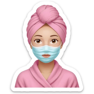 Clean girl influencer character, chest-up portrait, wearing a pink towel wrapped around the head,  skincare mask on her full face, relaxed confident expression, soft glow skin, minimal chic aesthetic, subtle beauty accessories, calm self-care vibe sticker