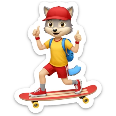 A gray wolf with large, expressive eyes and a friendly smile. The gray wolf is wearing a bright yellow T-shirt, red shorts, white knee socks, and sneakers. The baseball cap is worn backwards. The wolf holds a skateboard in one hand and gives a thumbs-up with the other, a confident and cheerful pose. sticker