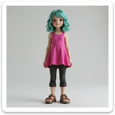 a realistic girl with teal hair, wearing a hot pink dress, black jeans, and brown birkenstocks, full body, photorealistic, natural lighting sticker