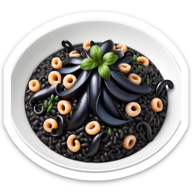 cinematic-realistic-black-risotto-dish-emoji,-showcasing-small black squid pieces-rendered-with-bold-textures-and-dynamic,-dramatic-lighting. sticker