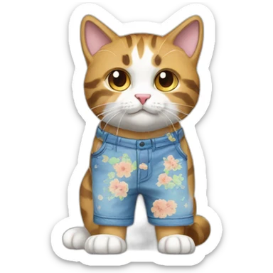 Purradise Meowscles is a buff calico cat  he has a mullet, a floral designed t shirt that is unbuttoned and blue and white stripped shorts sticker