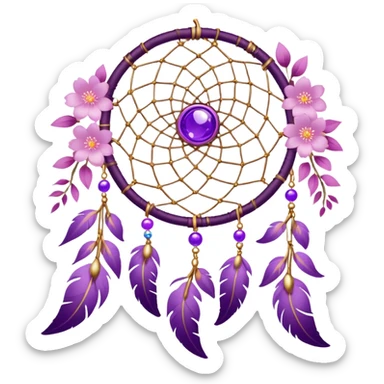 A white-framed Dreamcatcher. with purple-round-orbs, gold-rings hanging down. purple flowers, pink sakura flowers, sticker