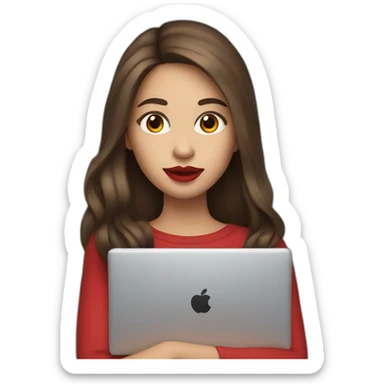 A girl with long brown hair holds a laptop Red lips sticker