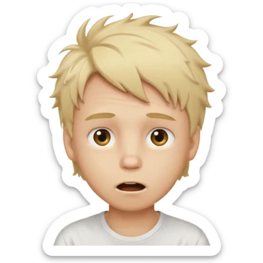 create boy blonde hair messy, light eyes, white t shirt, mouth slightly open to the left sticker