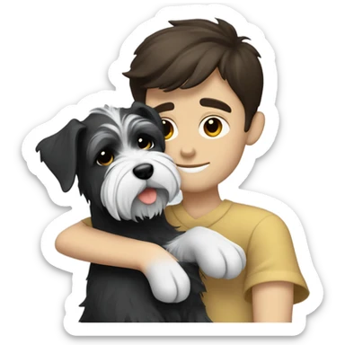 White Boy with dark brown hair and zverg schnauzer hugging  sticker