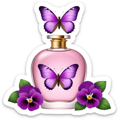 A butterfly with striking Tyrian Purple and Jasper Red wings delicately lands on a Rosewater Pink perfume bottle. Misty Rose pansies bloom softly around, creating a dreamy, romantic scene." sticker