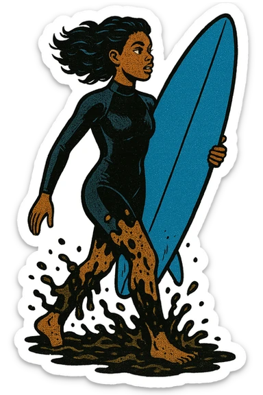 The full body of a modern day black surfer girl in her twenties carrying an upright blue surfboard and wearing a wetsuit.  The girl is covered from her waist down in sewage and pollution from the sea. sticker