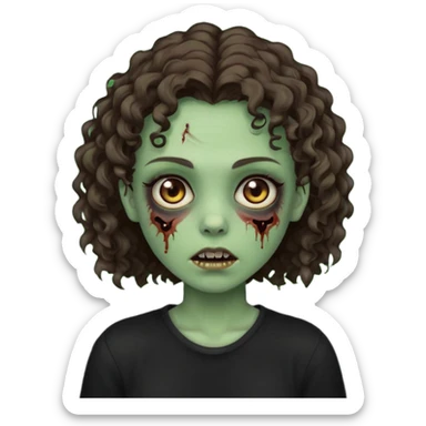 Zombie girl emoji verde um pouco escuro com cabelo curto cacheado castanho no ombro com uma blusa preta sticker