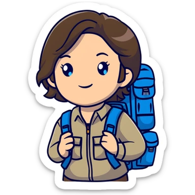 white woman park ranger with gray and brown hair, blue eyes, wearing a backpack sticker