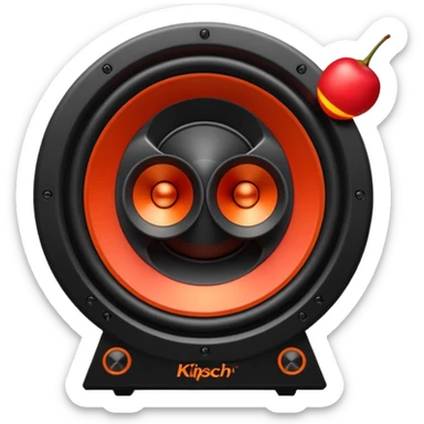 Head: A black KLIPSCH RP-8000F speaker, often represented with a red center or speaker cone.
Core: A small, bright glowing cherry-red circle representing his core.
Weapons: Shoulder-mounted speakers and plasma cannons on his arms.  sticker