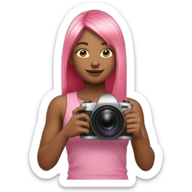 girl with long, straight rose hair and fringe and holding camera and wearing pink tank top sticker