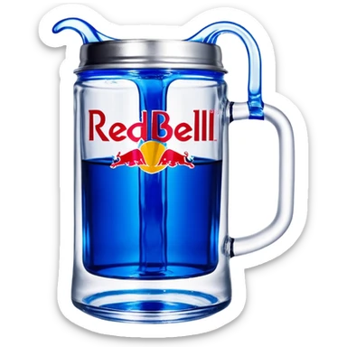 Large clear glass mug similar to beer stein with bright blue liquid inside. Put an upside down redbull can sticking out of the top of the mug sticker