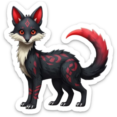 Feral Rare Fantasy   dark obsidian-black fur with crimson glowing runic markings Vernid-Sergal-Genet-Trico-species by LiLaiRa, random markings, tufted tail, tufted ears, full body sticker