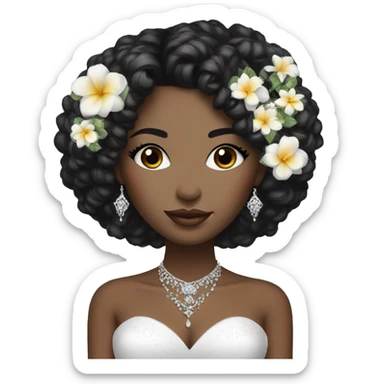 African bride. Glitter makeup. Short black curly hair. Silver jewelry. Holding flowers. Eyes closed. sticker
