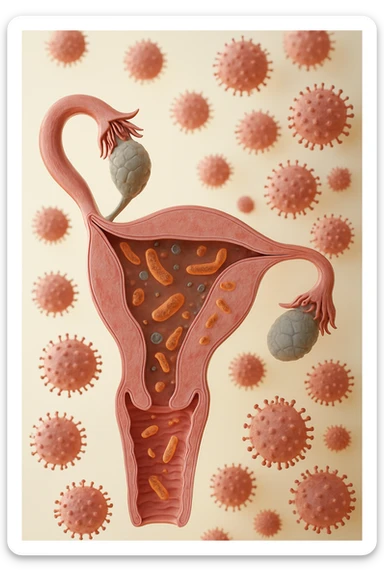 utero umano realistico con batteri della candida intorno, la foto si deve vedere per intero in formato verticale, sullo sfondo neutro chiaro ci sono batteri della candida, iperrealistico 4k sticker