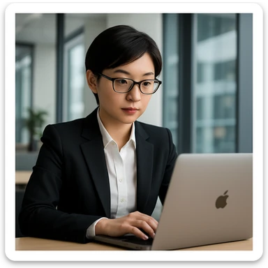 Businesswoman, Asian, short black hair, glasses, working on Mac laptop, formal suit sticker