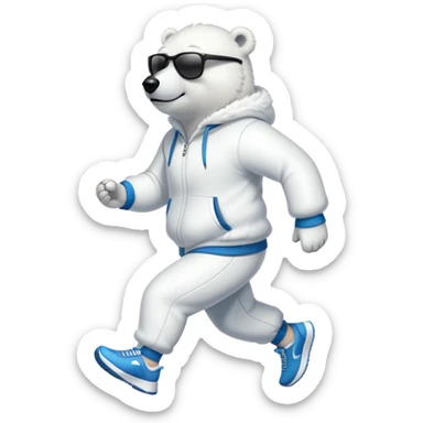 friendly anthropomorphised polar bear jogging upright wearing a tracksuit and sneakers, dark sunglasses sticker