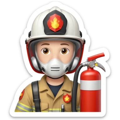 Firefighter with white respiratory protection white color helmet with fire extinguisher sticker